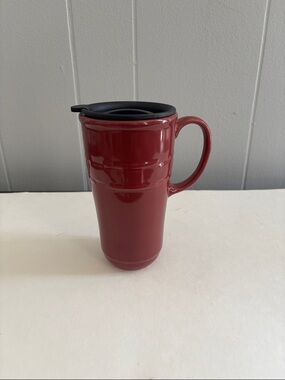 Longaberger paprika colored travel mug with handle